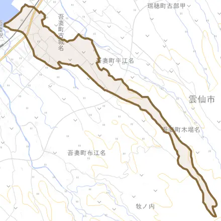 吾妻町古城名とその周辺の地図。町の範囲を重ねている