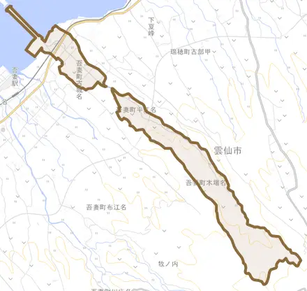 吾妻町平江名とその周辺の地図。町の範囲を重ねている