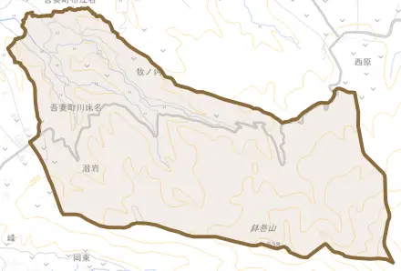 吾妻町川床名とその周辺の地図。町の範囲を重ねている