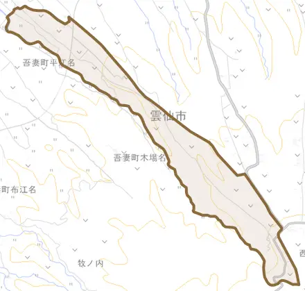 吾妻町木場名とその周辺の地図。町の範囲を重ねている