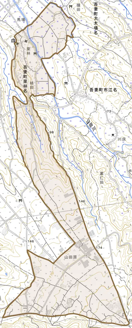 吾妻町栗林名とその周辺の地図。町の範囲を重ねている