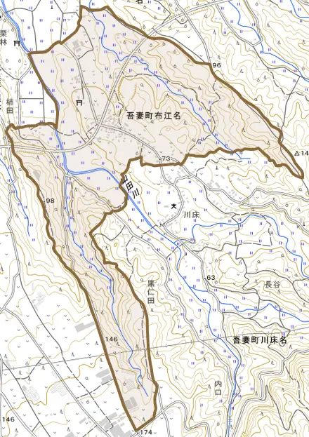 吾妻町布江名とその周辺の地図。町の範囲を重ねている