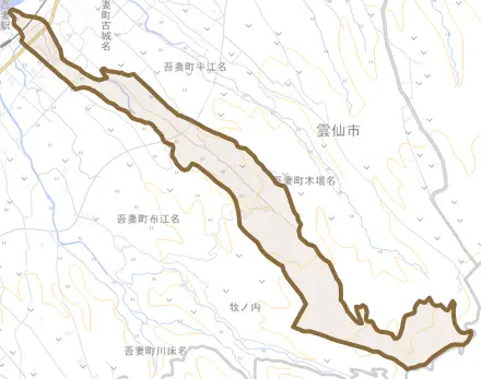 吾妻町田之平名とその周辺の地図。町の範囲を重ねている
