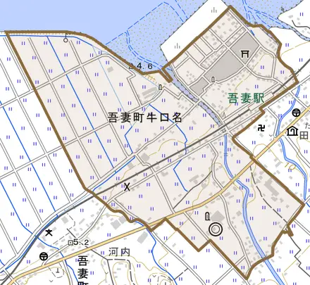吾妻町牛口名とその周辺の地図。町の範囲を重ねている