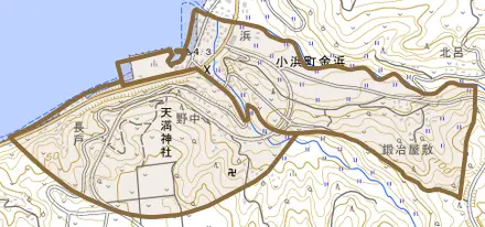 小浜町金浜とその周辺の地図。町の範囲を重ねている
