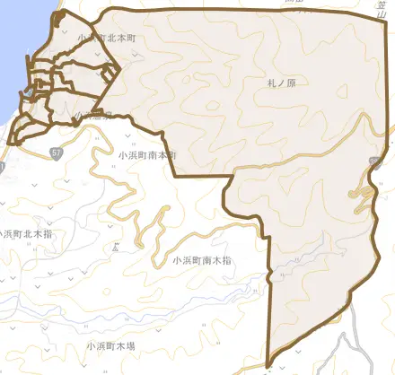 小浜町北本町とその周辺の地図。町の範囲を重ねている