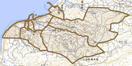 小浜町北木指とその周辺の地図。町の範囲を重ねている