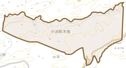 小浜町木場とその周辺の地図。町の範囲を重ねている