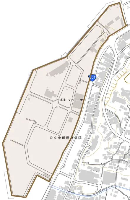小浜町マリーナとその周辺の地図。町の範囲を重ねている