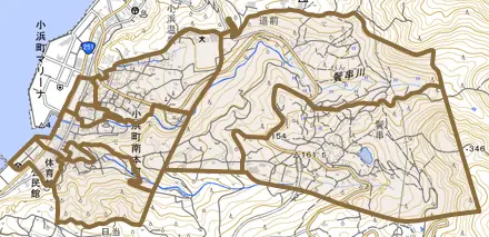 小浜町南本町とその周辺の地図。町の範囲を重ねている