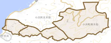 小浜町南木指とその周辺の地図。町の範囲を重ねている
