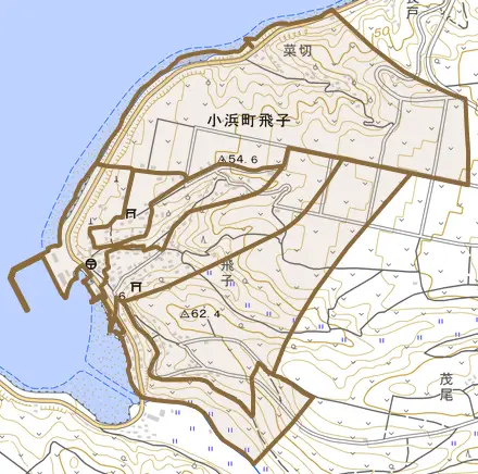 小浜町飛子とその周辺の地図。町の範囲を重ねている