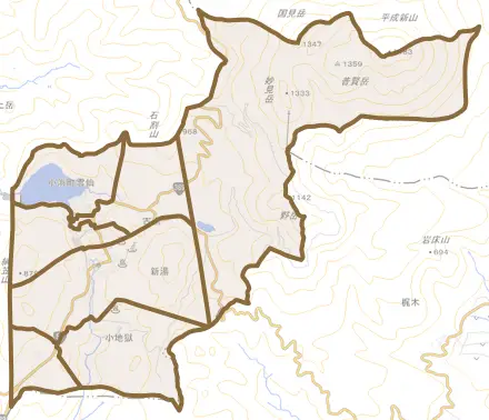 小浜町雲仙とその周辺の地図。町の範囲を重ねている