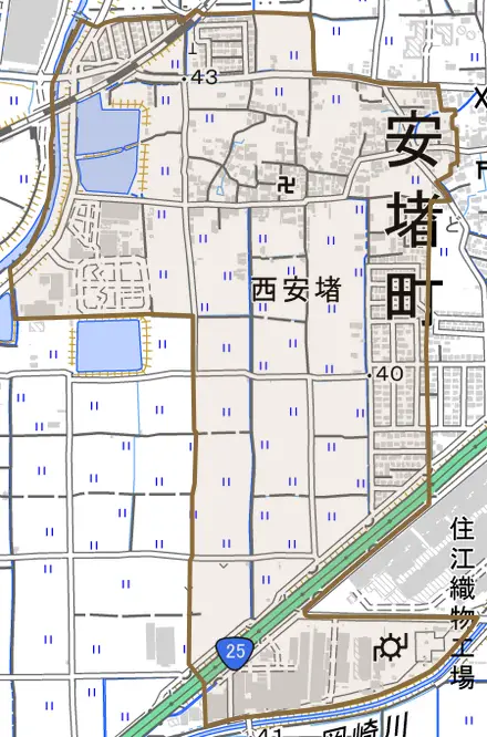 大字西安堵とその周辺の地図。町の範囲を重ねている