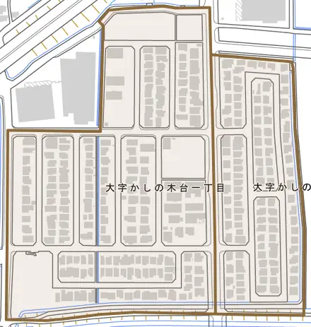 大字かしの木台とその周辺の地図。町の範囲を重ねている