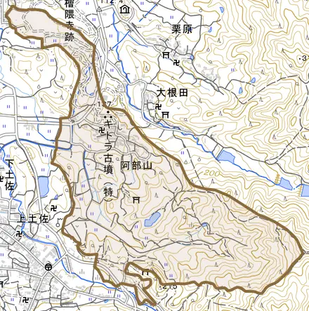 大字阿部山とその周辺の地図。町の範囲を重ねている
