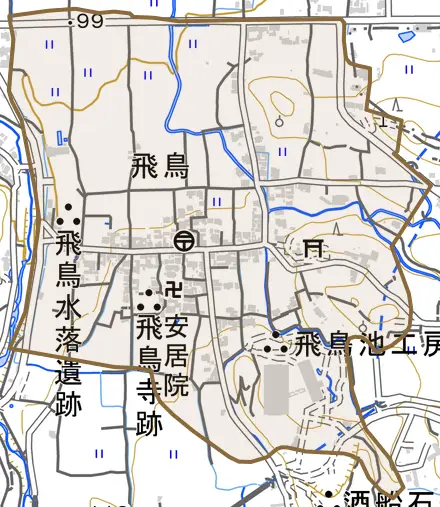大字飛鳥とその周辺の地図。町の範囲を重ねている