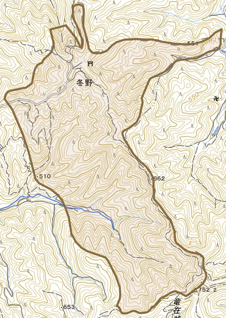 大字冬野とその周辺の地図。町の範囲を重ねている