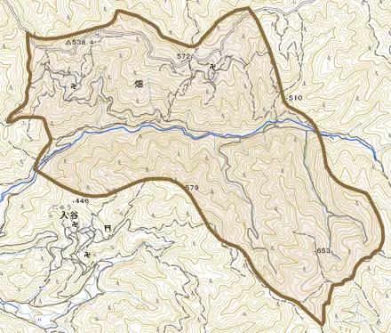 大字畑とその周辺の地図。町の範囲を重ねている