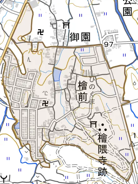 大字檜前とその周辺の地図。町の範囲を重ねている