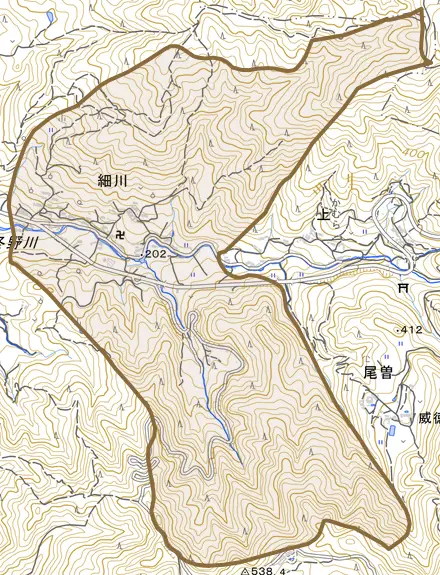 大字細川とその周辺の地図。町の範囲を重ねている