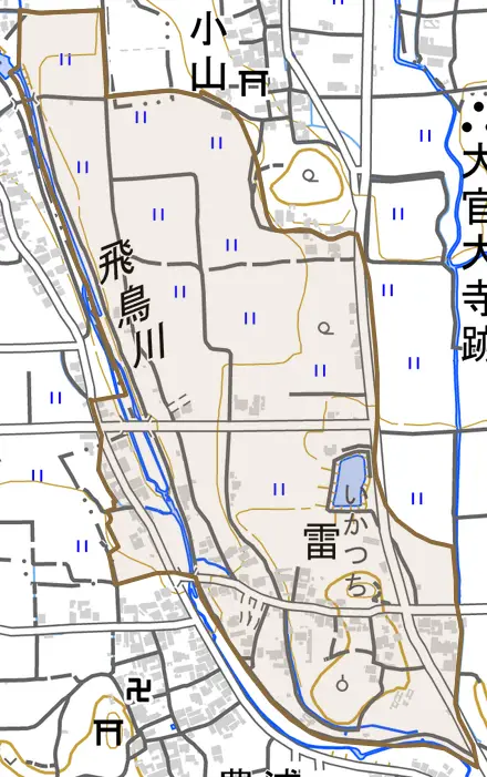 大字雷とその周辺の地図。町の範囲を重ねている