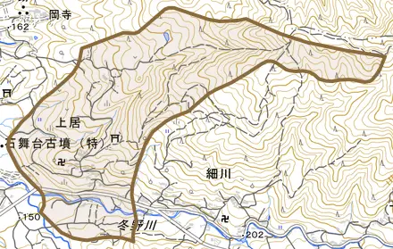 大字上居とその周辺の地図。町の範囲を重ねている