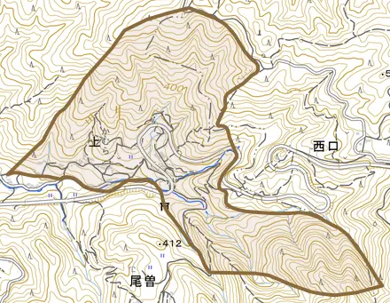 大字上とその周辺の地図。町の範囲を重ねている