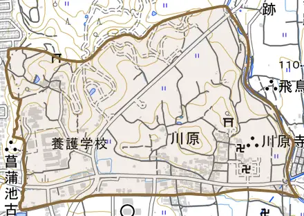 大字川原とその周辺の地図。町の範囲を重ねている