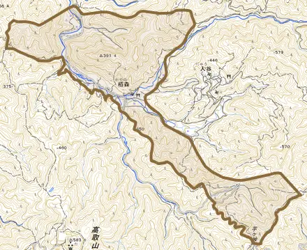 大字栢森とその周辺の地図。町の範囲を重ねている