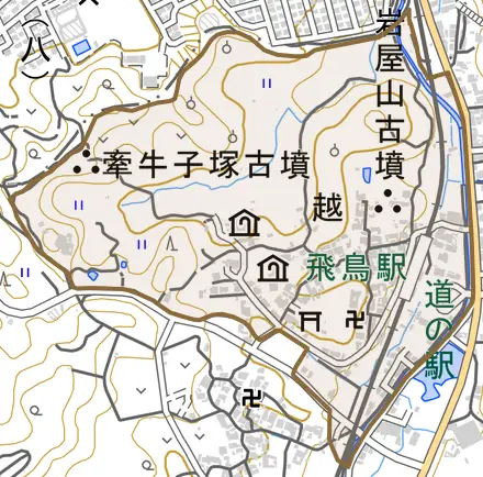 大字越とその周辺の地図。町の範囲を重ねている