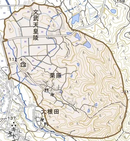 大字栗原とその周辺の地図。町の範囲を重ねている