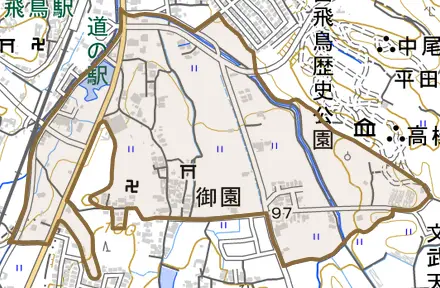 大字御園とその周辺の地図。町の範囲を重ねている