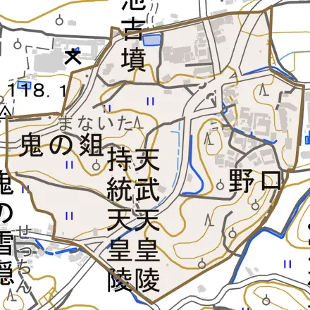 大字野口とその周辺の地図。町の範囲を重ねている