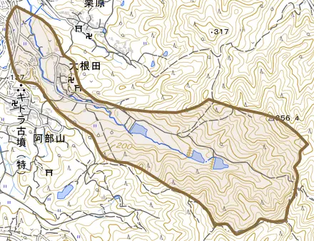 大字大根田とその周辺の地図。町の範囲を重ねている