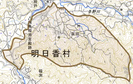 大字阪田とその周辺の地図。町の範囲を重ねている