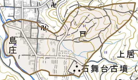 大字島庄とその周辺の地図。町の範囲を重ねている