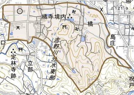大字橘とその周辺の地図。町の範囲を重ねている