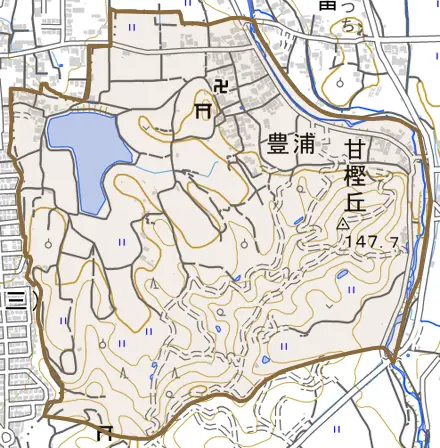 大字豊浦とその周辺の地図。町の範囲を重ねている