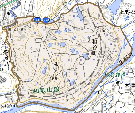 相谷町とその周辺の地図。町の範囲を重ねている