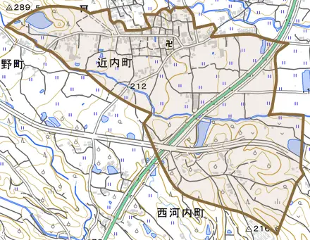 近内町とその周辺の地図。町の範囲を重ねている