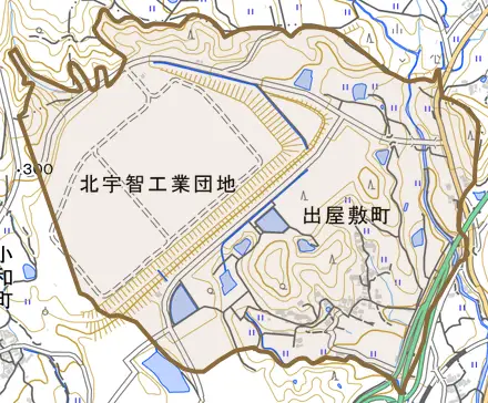 出屋敷町とその周辺の地図。町の範囲を重ねている