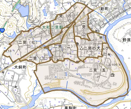 二見とその周辺の地図。町の範囲を重ねている