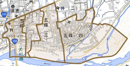 五條とその周辺の地図。町の範囲を重ねている