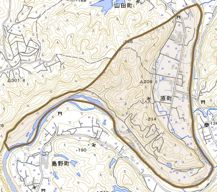 原町とその周辺の地図。町の範囲を重ねている