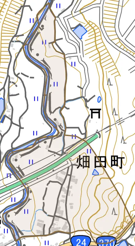 畑田町とその周辺の地図。町の範囲を重ねている