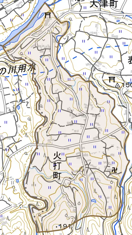 火打町とその周辺の地図。町の範囲を重ねている
