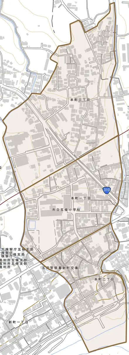 本町とその周辺の地図。町の範囲を重ねている