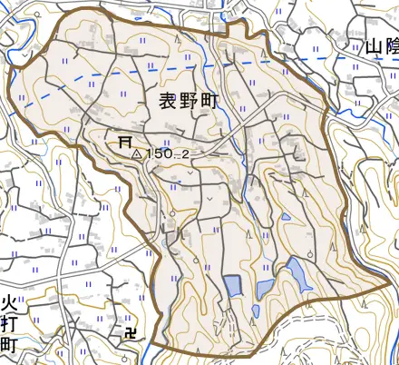 表野町とその周辺の地図。町の範囲を重ねている