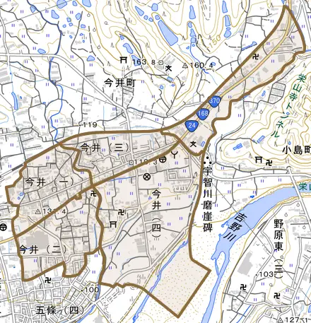 今井とその周辺の地図。町の範囲を重ねている